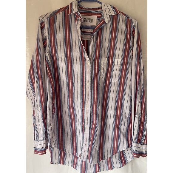 Anthropologie Grayson The Hero Shirt Womens Sz 01 Button Up Striped Red Blue EUC - Picture 1 of 5
